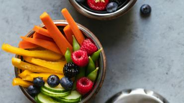stainless steel lunch containers holding mixed berries and veggie sticks